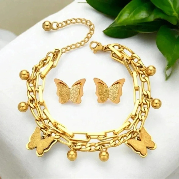🆕️Elegant 18K Gold Plated Stainless Steel Butterfly Bracelet & Earrings Set 🦋 - Picture 1 of 12